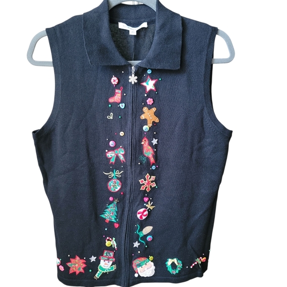 Festive Black Knit Zip Vest with Holiday Christmas Navidad Embellishments SZ M - Picture 1 of 12